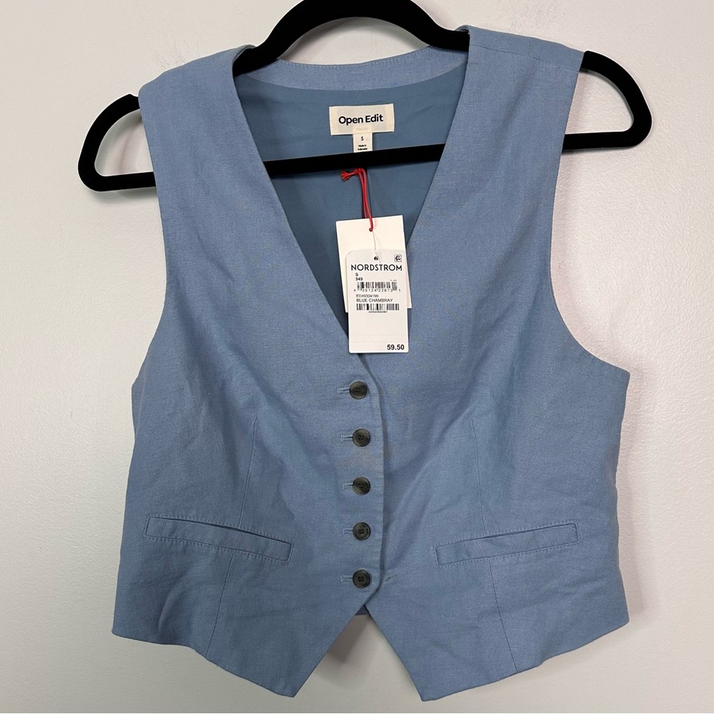 Open Edit Tailored Vest Blue Chambray Size Small - Picture 6 of 9